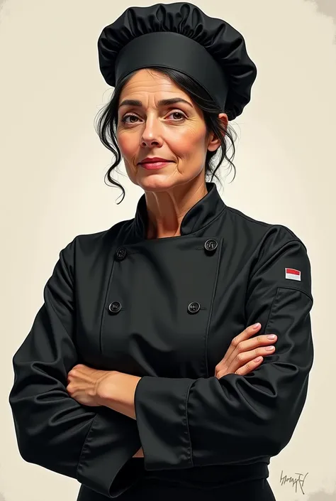 Draw a 45-year-old lady in a black chef&#39;s outfit with black hair who is Chilean and who looks like a drawing that looks older and who is facing forward with a black chef&#39;s hat and facing forward