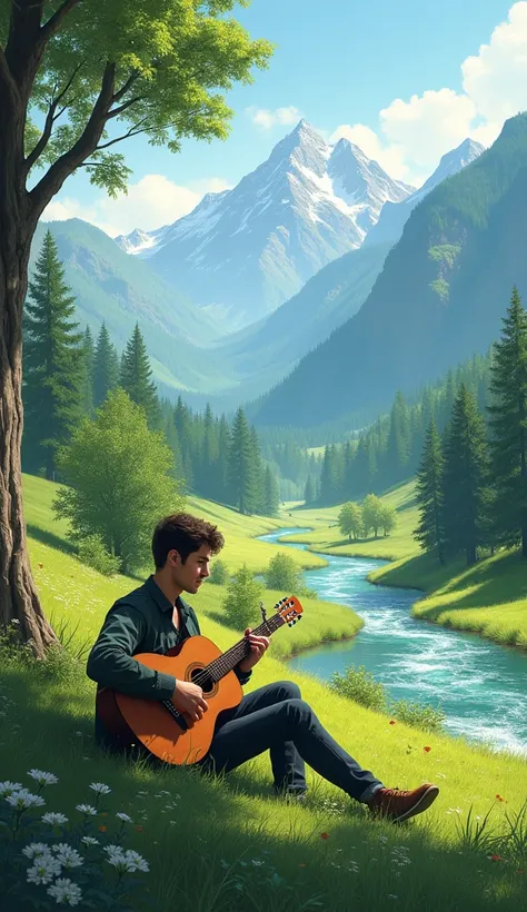 SCENERY HILL,MOUNTAIN ,STREAM ,RIVER FORECT AND A MAN PLAYING GUITAR, 
