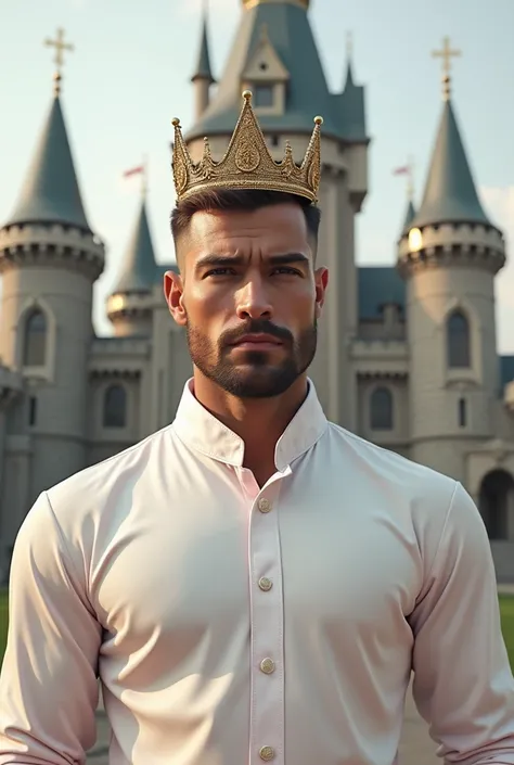 The white and white man wears a white prince&#39;s shirt with a little bit of light pink.,wearing a golden crown, castle background, facing the camera