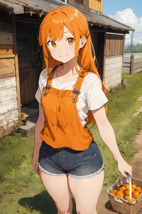 1 female, freckles, orange yellow long hair, farm clothes, farm short, white shoes, farm boots, animals, 2010s anime, thick legs, small chest, in the farmhouse