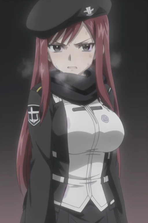 1girl, solo, Erza Scarlet, Fairy Tail, red hair, long hair, big breasts, facing the viewer, looking at viewer, sidelocks, black uniform, long sleeves, (bulletproof vest), (black scarf), black beret, (black hat), (badges), (simple dark background), aroused ...