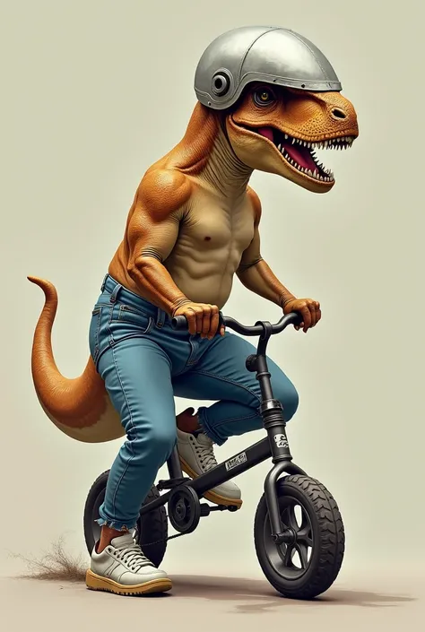 A dinosaur T rex red wearing helmet, a jean, shoes is riding on a balance bike and dangling its legs with a cool image