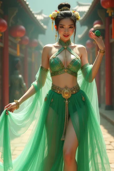 Chinese girl with coins gold , thick body, curvy body, curvy waist, big breast, white skin, gorgeous see through costumes , exposed breasts, flowing tulle, transparent long colorful ribbons tied on the arms, inspired by chinese movie, showing navel, bare s...