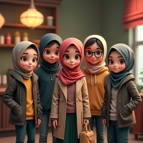 ((3 males sitting)) and ((3 hijabbed females)), caricaturized, cute face, just concentrate, casual fashion, fantasy art, happy expression, extreme detail, masterpiece, cinematic lighting, 4k, indoor background