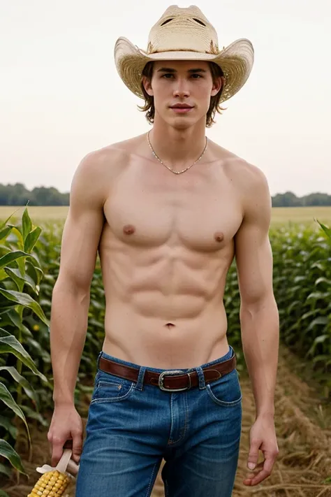 Young handsome cute white white skin soft skinny beautiful face shirtless in a corn field picking cowboy