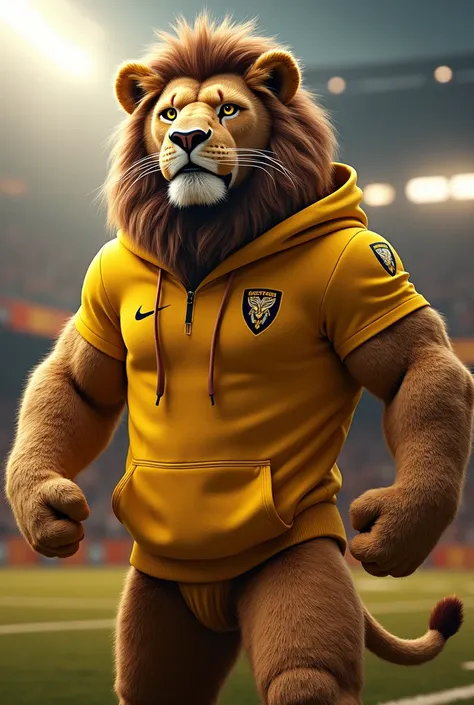 
make a lion mascot with a golden hoodie