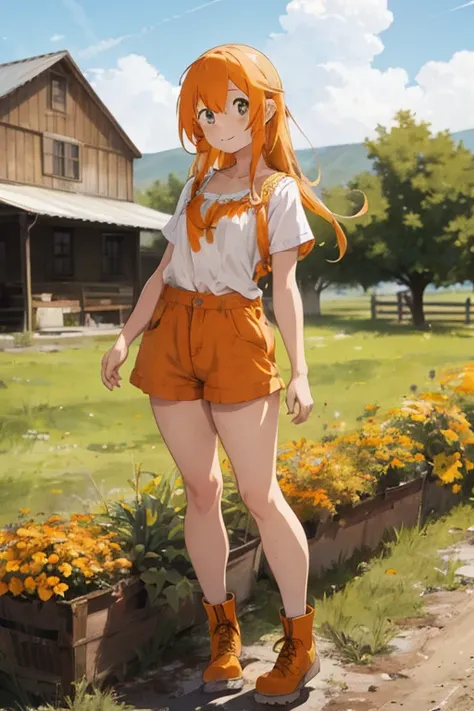 1 female, freckles, orange yellow long hair, farm clothes, farm short, white shoes, farm boots, animals, 2010s anime, thick legs, small chest, in the farmhouse