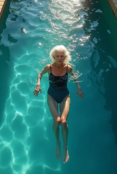 AN OLD WOMAN, quite lean, with white hair, Waist slender, wearing a black swimsuit swimming in the bottom of the pool