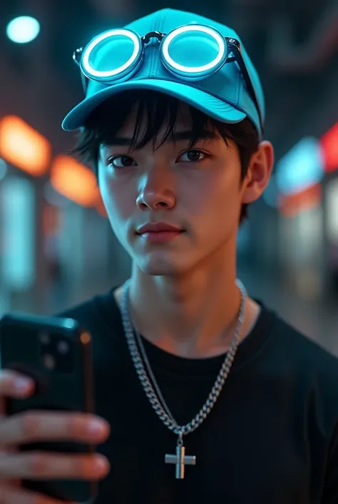 An ultra-realistic young man taking a selfie, black shirt, chain necklace without pendant, all blue flip cap with flexible neon regulator.