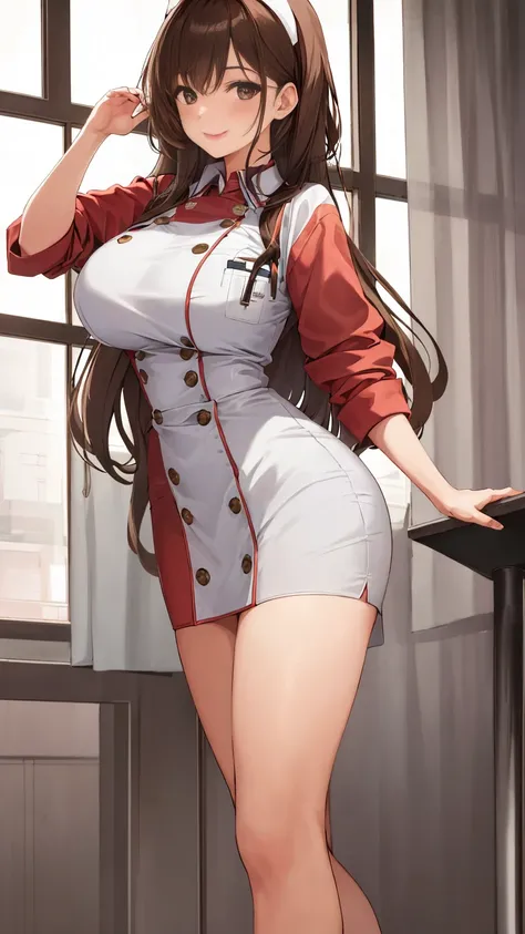 1girl, solo, brown hair, lipstick, large breasts, thighs, nurse outfit, smiling, standing