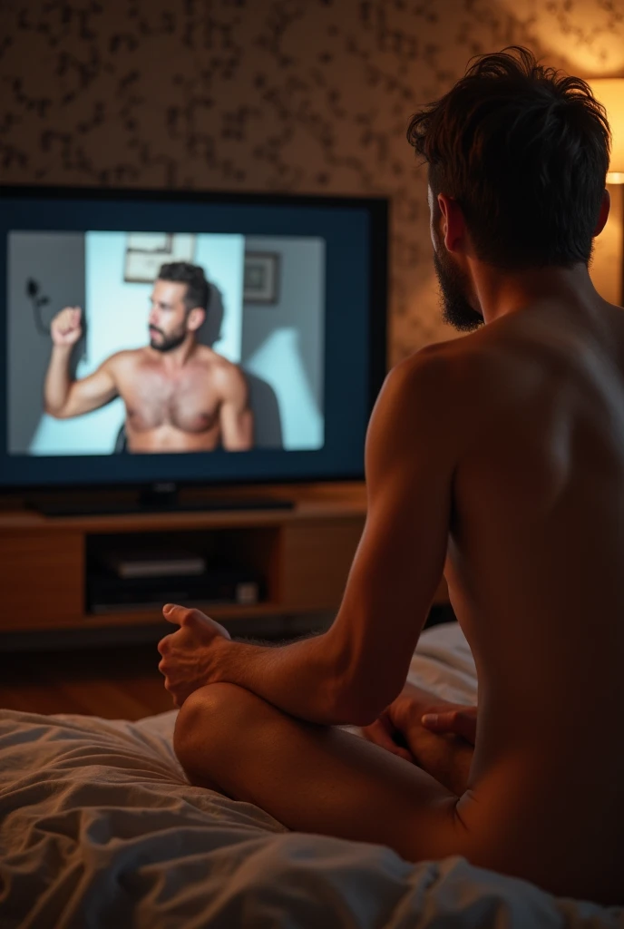 A man jerking off to naked women no clothes on his tv showing man’s penis
