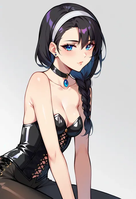 ((ultra detailed, masterpiece, best quality)) FF8Rinoa, 1girl, solo, single braid, blue eyes, black hair, white hairband, black choker, medium Breasts hanging, black corset strapless sexy,
