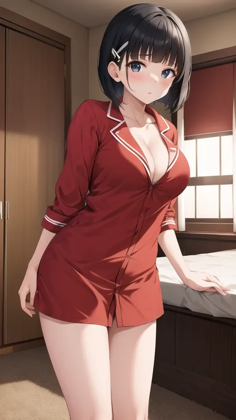 masterpiece, best quality, highres, aasugu, short hair, hairclip, cleavage, pajamas, red shirt, dress shirt, bare legs, standing, cowboy shot, indoors, room