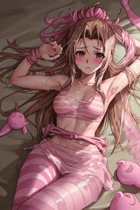 Striped undressed Final Fantasy VII Aerith covered in pink slime and sweat does yoga