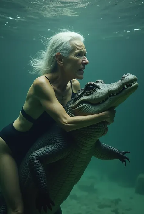 AN OLD WOMAN, quite lean, with white hair, Waist slender, wearing a black swimsuit swimming while holding onto a large alligator at the bottom of the pool