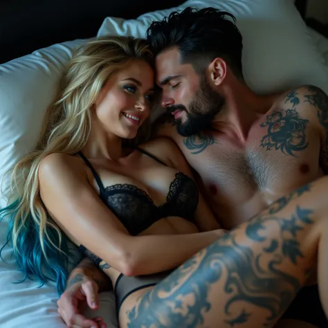 vivid, hd, zoomed out, a gorgeous smiling, Caucasian woman, long blonde hair with blue hair ends, blue eyes, beautiful makeup and contour, tattoos, big breasts, seductively kissing on a bed, wearing lingere, kissing a handsome white man with jet black hair...