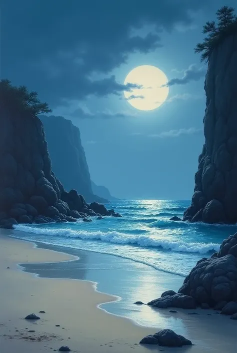 A coastal landscape painting with moonlight by the sea on the beach