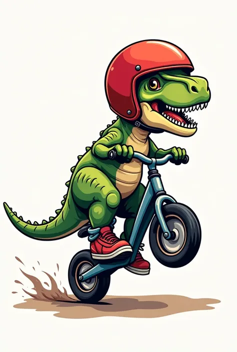  A logo sport,a dinosaur T rex red wearing helmet, a jean, shoes is riding on a balance bike and dangling its legs with a cool image