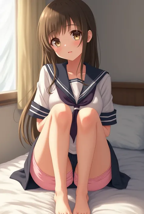 Photorealism、Highest quality、Ultra-high resolution、Browsing Caution、Japanese schoolgirl、18-year-old、Sitting on the bed in uniform、Low angle shot:1.5、M-shaped feet:1.4、She opened her legs wide:1.5、膝を曲げてSpread your legs座ります、((Showing panties:1.5))、A sexy loo...