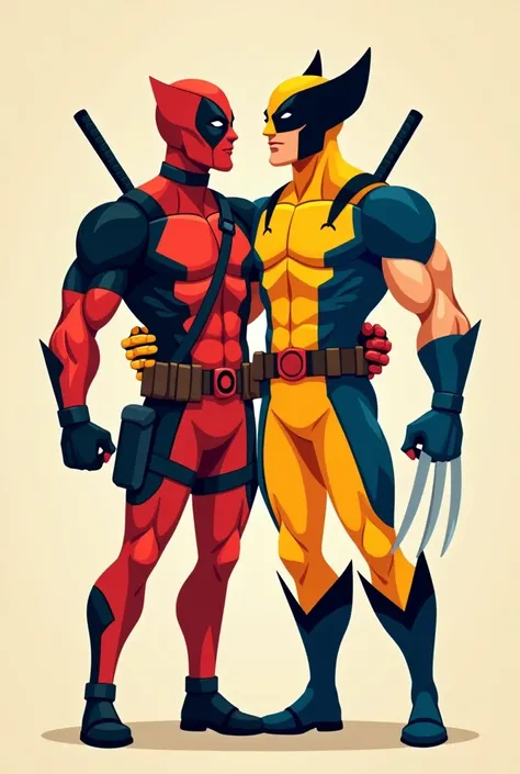 Vector drawing, Flat.
Deadpool and Wolverine looking forward and posing hugging each other as if for a photo, with their complete characteristic costumes