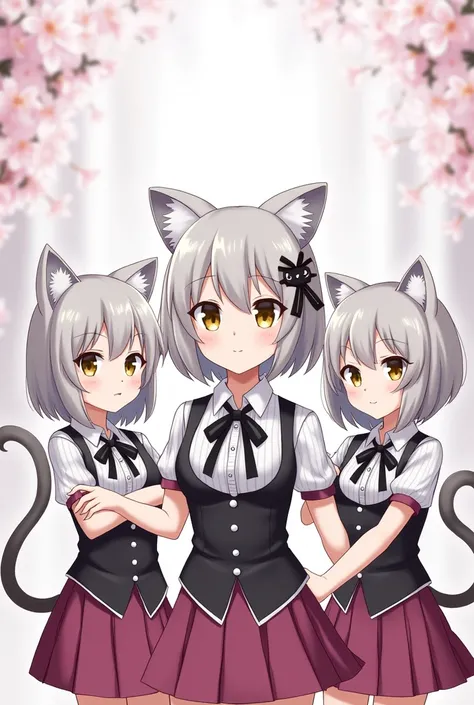 Girls, gray-haired, short-haired, yellow-eyed, small breasts, cat hair ornament, sidelocks, gray-haired, shiny hair, uniform, (golden eyes: 1.2), (two long triangular extensions on the skirt, vest corset on the stomach), white buttons of the vest corset, (...