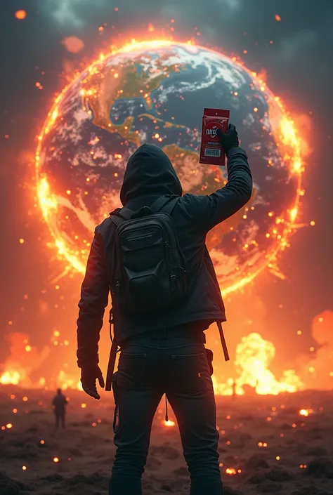 Hacker holding Tixan Ypê washing powder while the Earth is exploding in the background.