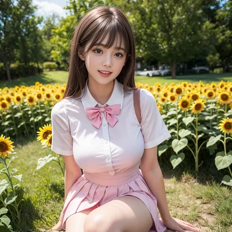 Pink short pleated skirt, In the sunflower field，Wearing a white sailor suit，white shirt，(knee shot) ,pink bow tie，Pink navy collar，1 female, On the face, laughing out loud, light brown hair, blunt bangs, hair behind ears, Shoulder-length hair, long hair, ...