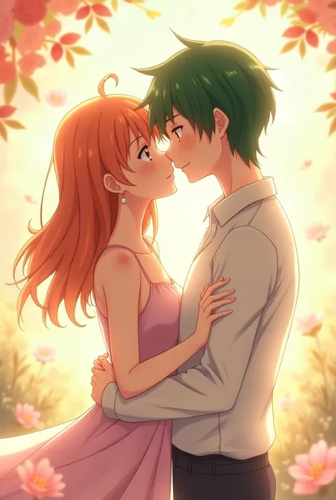 Anime couple with an orange-haired girl and a green-haired boy romantic pose giving each other a kiss 💋