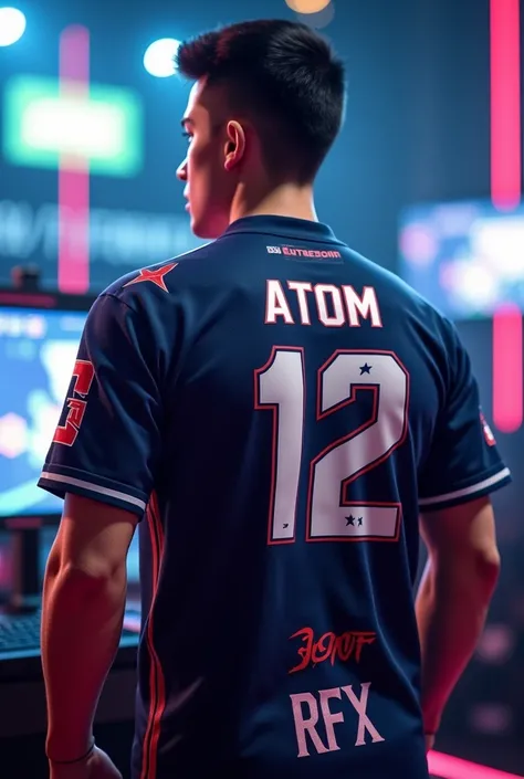  eSports player with Jersey number 12 and player name Atom on TEAM NAME RFX the back jersey