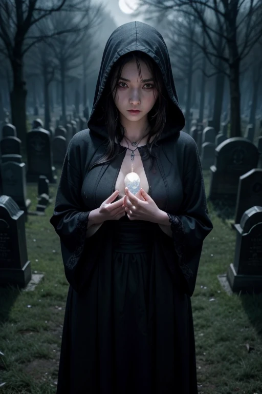 One female, Mr.々Hair style,, big ,Large Breasts,Plump,Sunburn,good,Firm, round, huge breasts,
A female necromancer in a dimly lit graveyard uses her dark powers to summon the dead.,彼女は黒いローブを纏いそのローブには骸骨や呪文の紋Mr.が刺繍されている,The hood of his robe is pulled down lo...