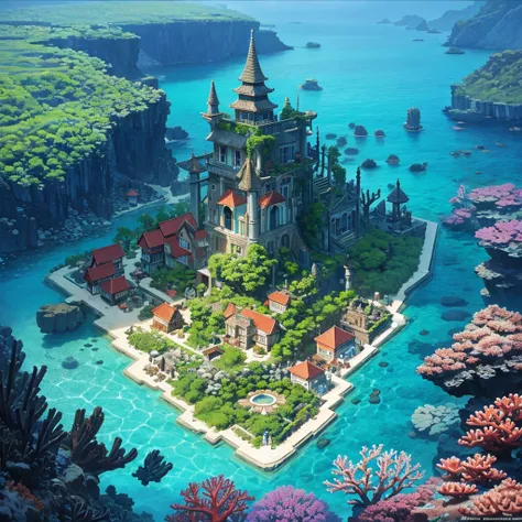 An aquatic village surrounded by coral reefs