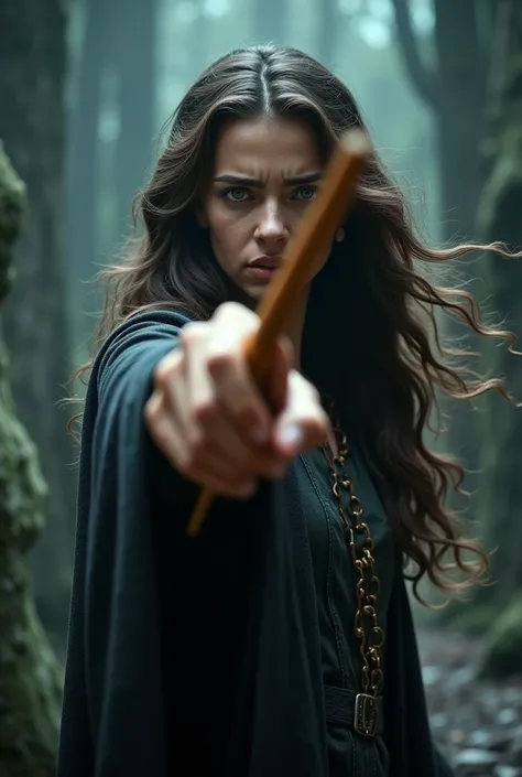 A woman with dark brown wavy hair pointing her wand to the screen and showing pain on her face