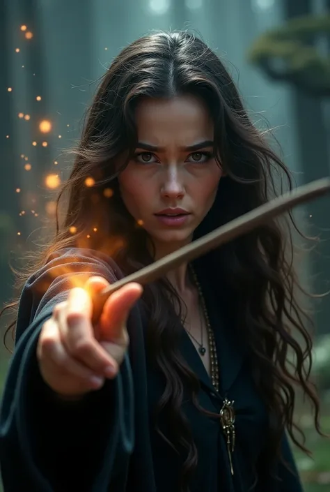 A woman with dark brown wavy hair pointing her wand to the screen and showing pain on her face