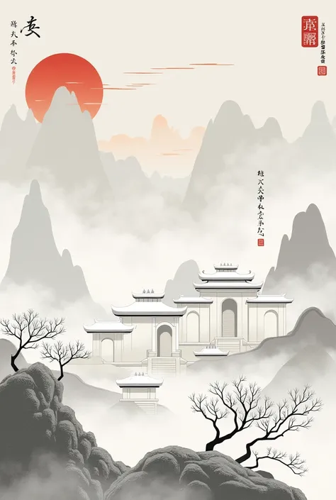 Chinese style，Mountain，cloud，architecture，abstract，Ink Painting，Elegant