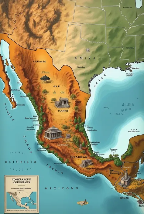 a map showing the location of the cultures: Olmec, aztecs, Chichimecas and Mayas in Spanish for a task