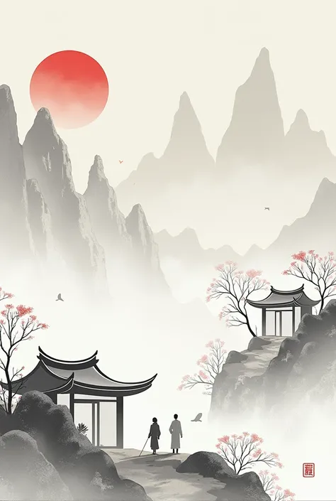 Chinese style，Mountain，cloud，architecture，abstract，Ink Painting，Elegant