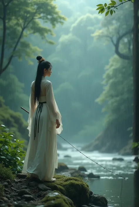 Personality traits"Ancient Chinese women of the Hanfu period"Very detailed images,,"A wide view shows the details of the vast forest. She is completely soaked..,Turning towards the camera, the body is naked, both hands cover the mound of the woman.