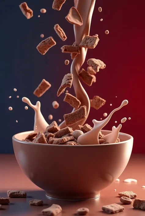 It shows a crunchy cereal of chocolate flakes combined with milk falling into a bowl on a red and dark blue background:0.8