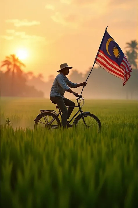 create a cinematic photo of a farmer cycling in the paddy field. The bicycle is hoisting a Malaysian flag to celebrate independance day. Cinematic and warm morning, Surnrise sky. Green paddy field aspect ratio 16:9