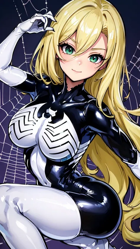 ,best high grade masterpiece quality, ultra detail, short side parted tucked to the side asymmetrical smooth straight bob hair green eye cute gorgeous looking woman wearing black&white viscous liquid symbiote suit, no wrinkles, bodysuit, spider-girl, skin ...