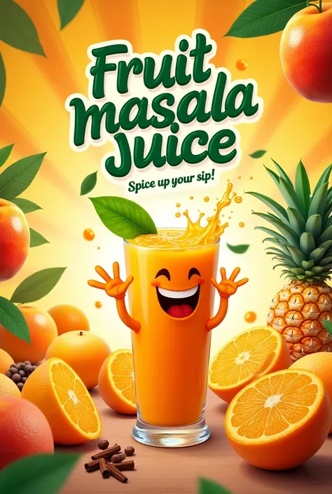 Imagine a vibrant and colorful poster designed to grab attention. At the center is a cheerful, anthropomorphic fruit character, such as a juicy orange with arms, legs, and a big smile. This character is holding a tall, refreshing glass of fruit masala juic...