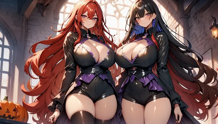 High detailed, 3 girls , huge hair,, big breasts, wearing Halloween gothic clothes, blood stained, evil grins, matching Clothes, jacket, Teared shirt, mini shorts, side chains, matching physique, differents hairstyles, differents colors,highres, blood soak...