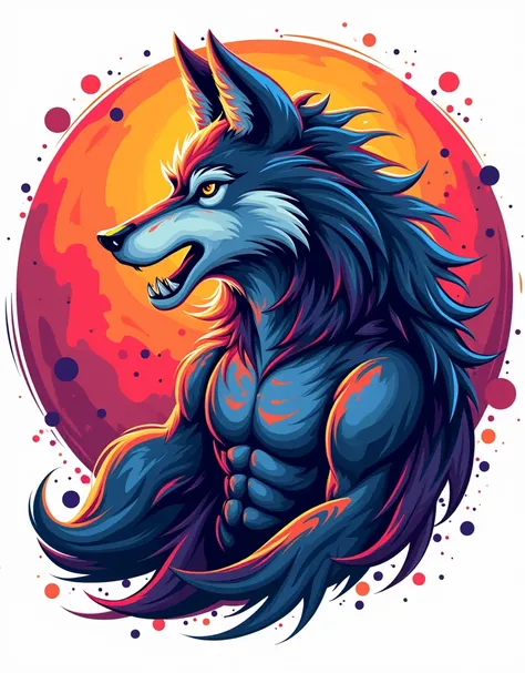 A realistic fitness wolf design svg, colourful, punchy colour, vibrant colours, puff design, printable design, in the circle, abstract colours, full colourful,