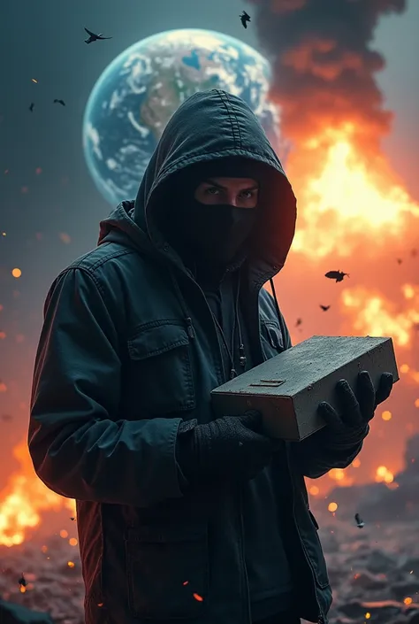 Hacker holding a washing powder while in the background the Earth is exploding.