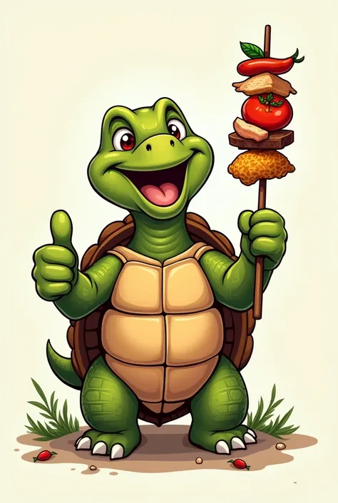 A tortoise giving a thumbs up with a skewer in its hand, cartoonized, as if it were a menu logo