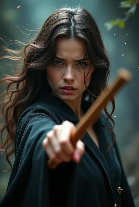 A woman with dark brown wavy hair pointing her wand to the screen and showing pain on her face