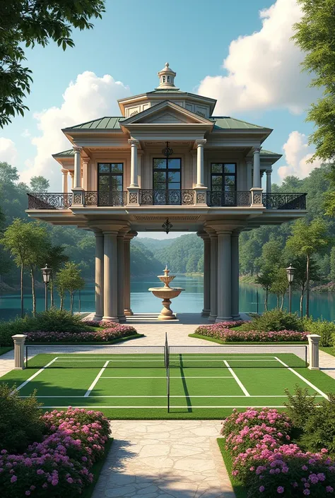 Clubhouse with stilt structure, fountains and tennis court