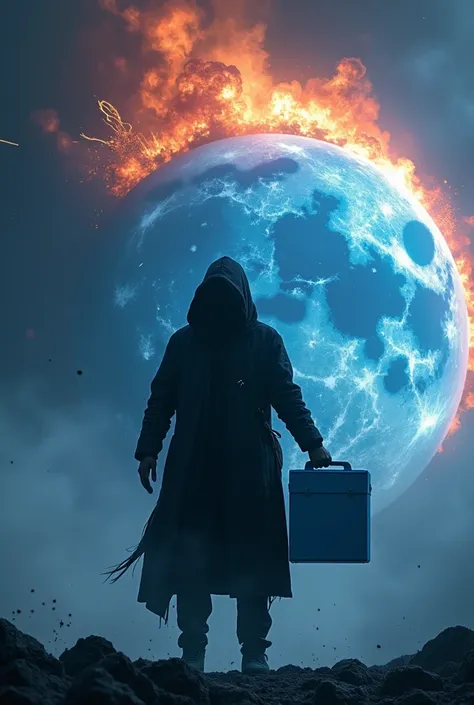 Hacker holding blue washing powder while the Earth is exploding in the background.