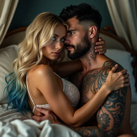 High resolution, multiple views, vivid, hd, zoomed out, a gorgeous smiling, Caucasian woman, long blonde hair with blue hair ends, blue eyes, beautiful makeup and contour, tattoos, big breasts, seductively making out on a bed, wearing lace lingere, kissing...