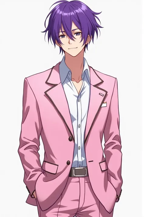 Anime boy with pink suit and purple hair 